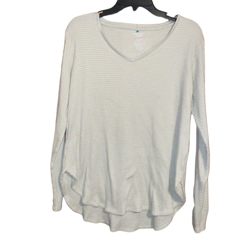 •NINE WEST•LIGHT GRAY SOFT SPUN WAFFLE KNIT V NECK SWEATER SIZE LARGE